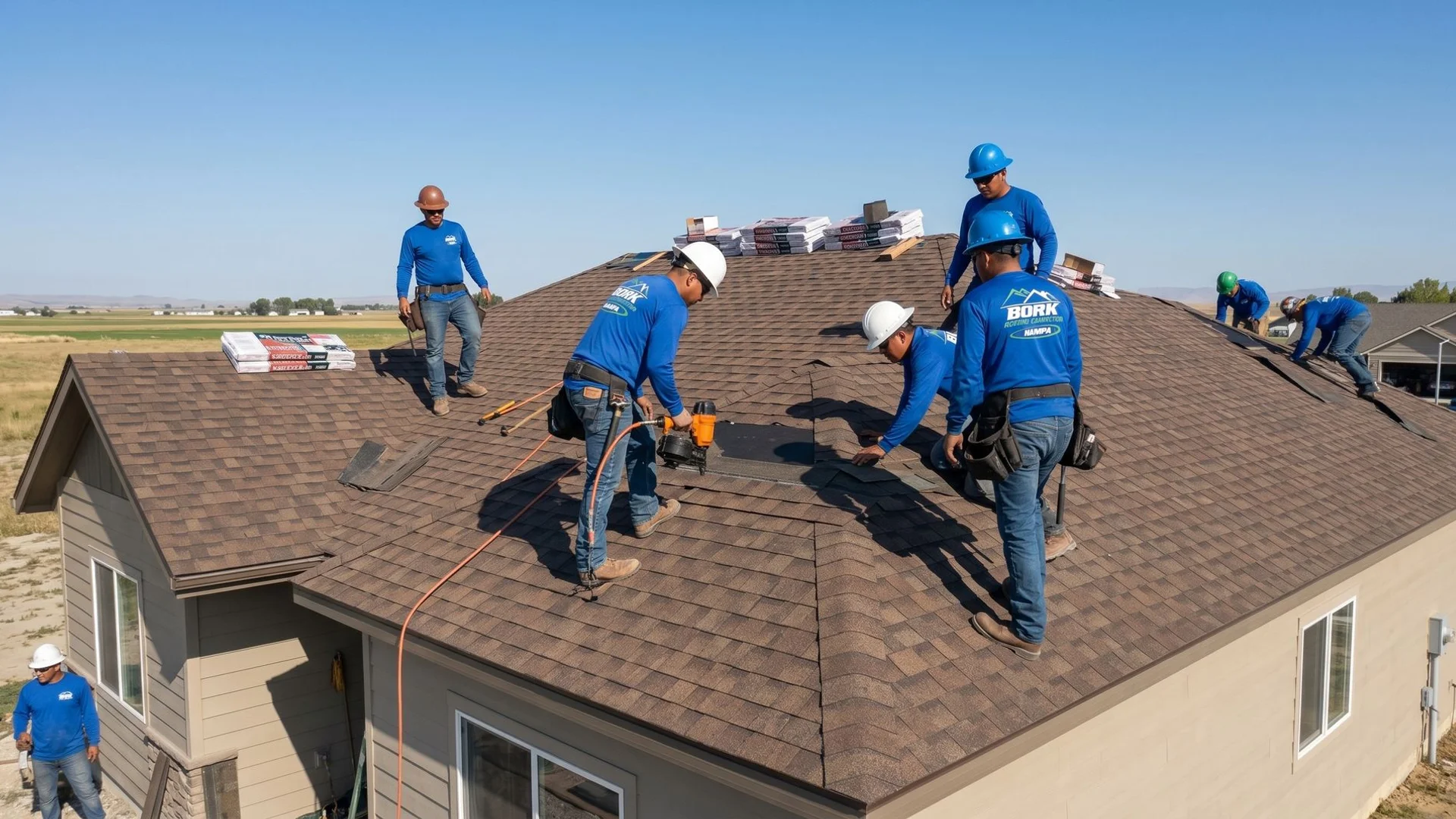 Bork Nampa Roofing crew working on a Greenleaf, Idaho home