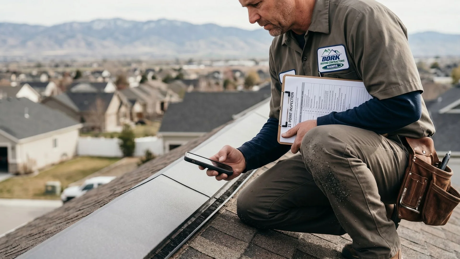 Bork roofer performing detailed 21-point inspection