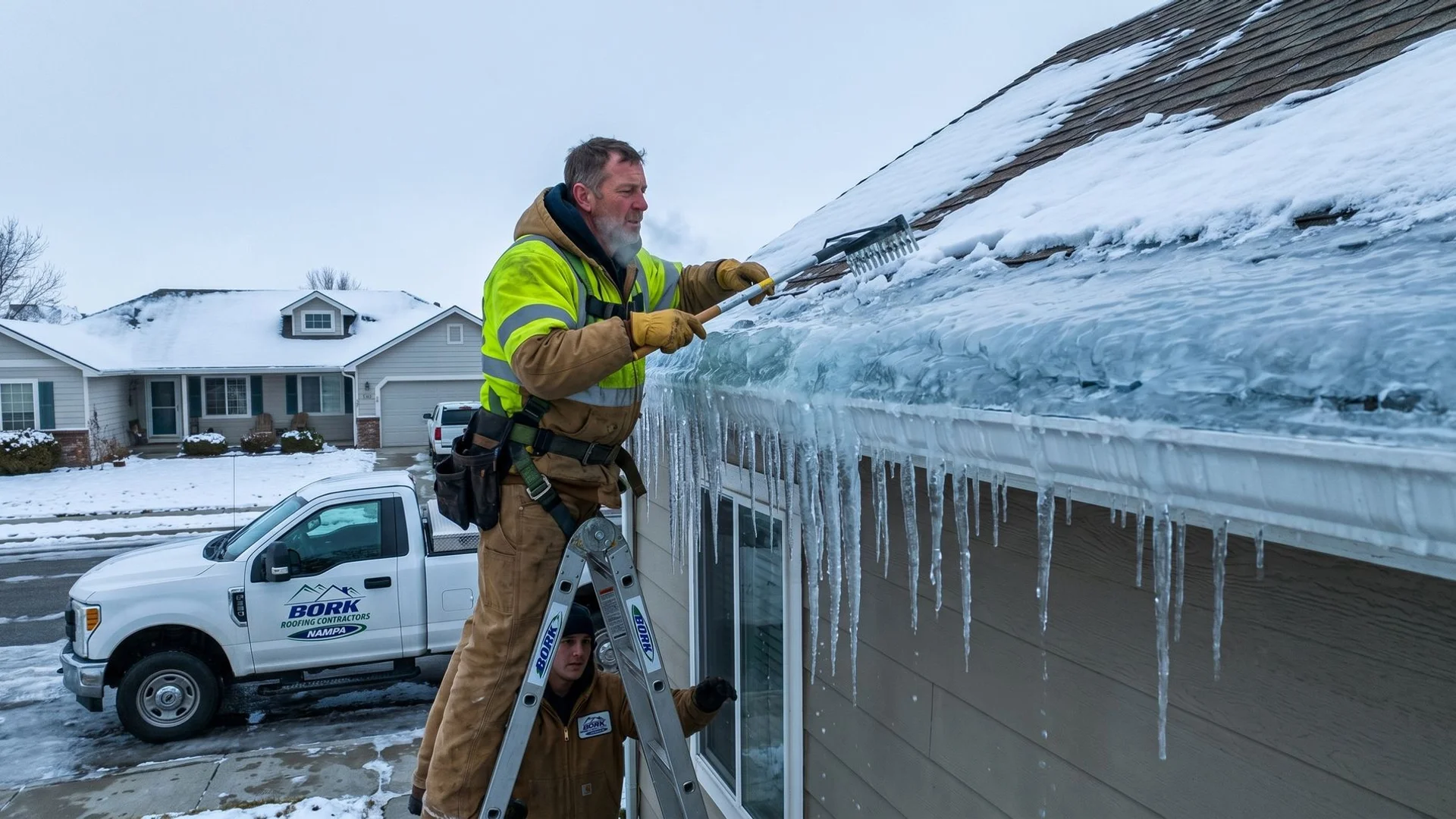 Ice dam at the eave of an Idaho roof during winter